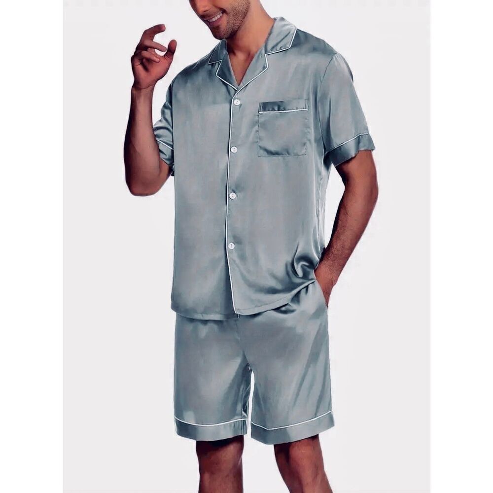 NWT Dreams L Men’s Silky Grey Satin Shorts & short sleeve top Shirt Pajama Set